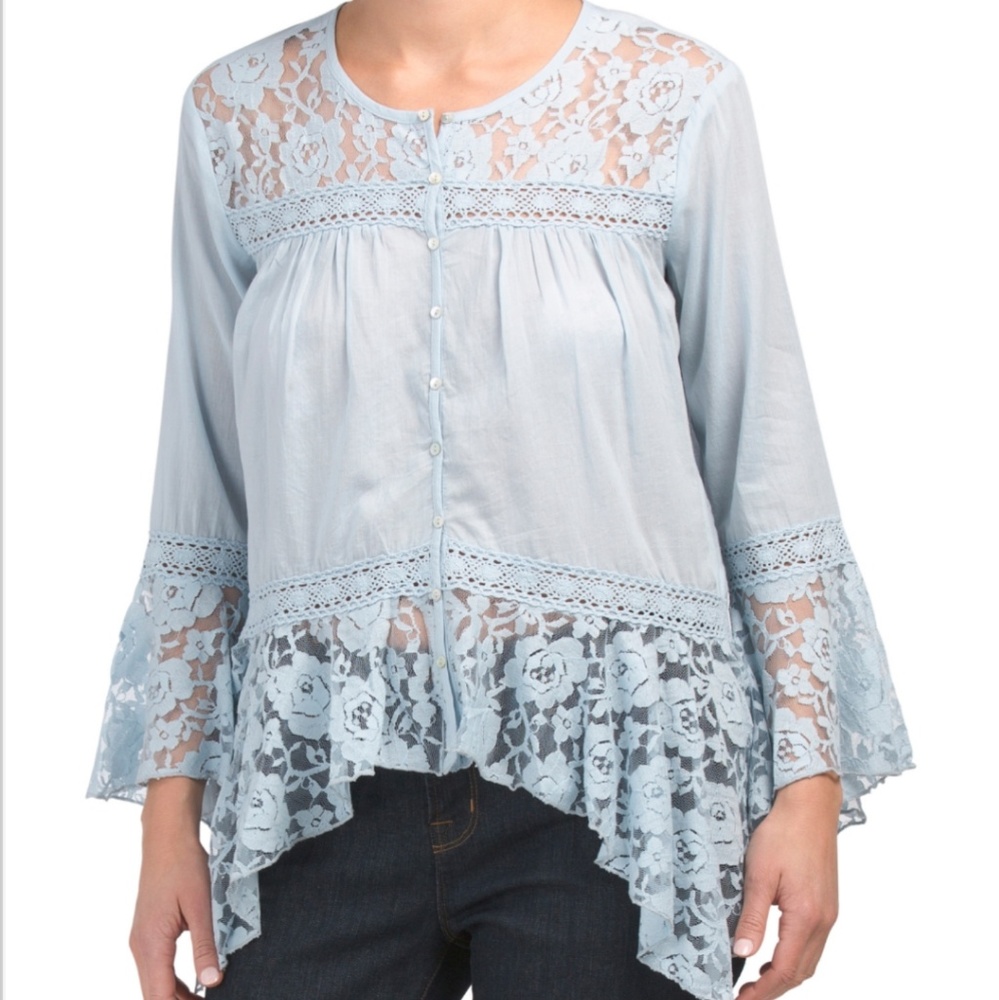 NWT Powder Blue Bell Sleeve Blouse w/Lace Trim